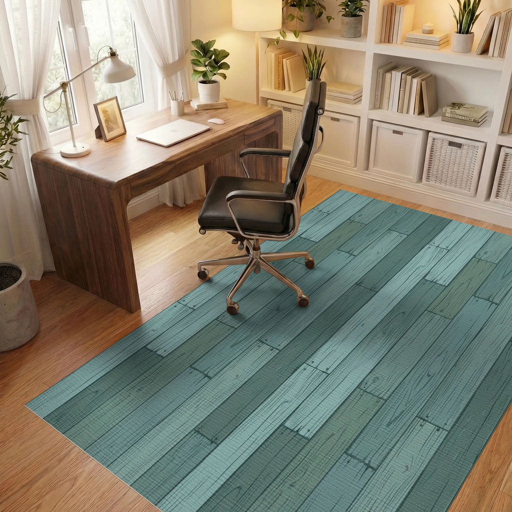 Distressed Wood Plank Teal Rug Office View