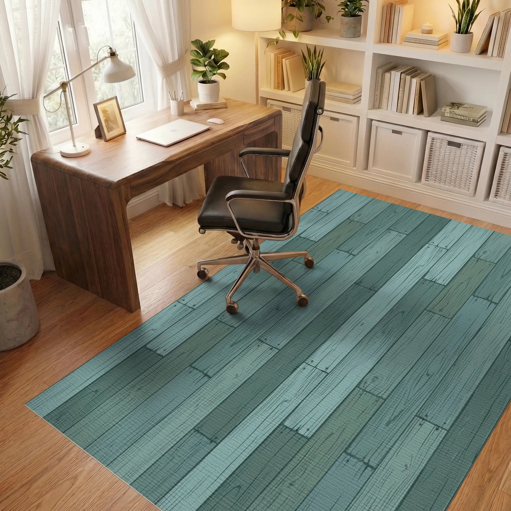 Distressed Wood Plank Teal Rug Office View