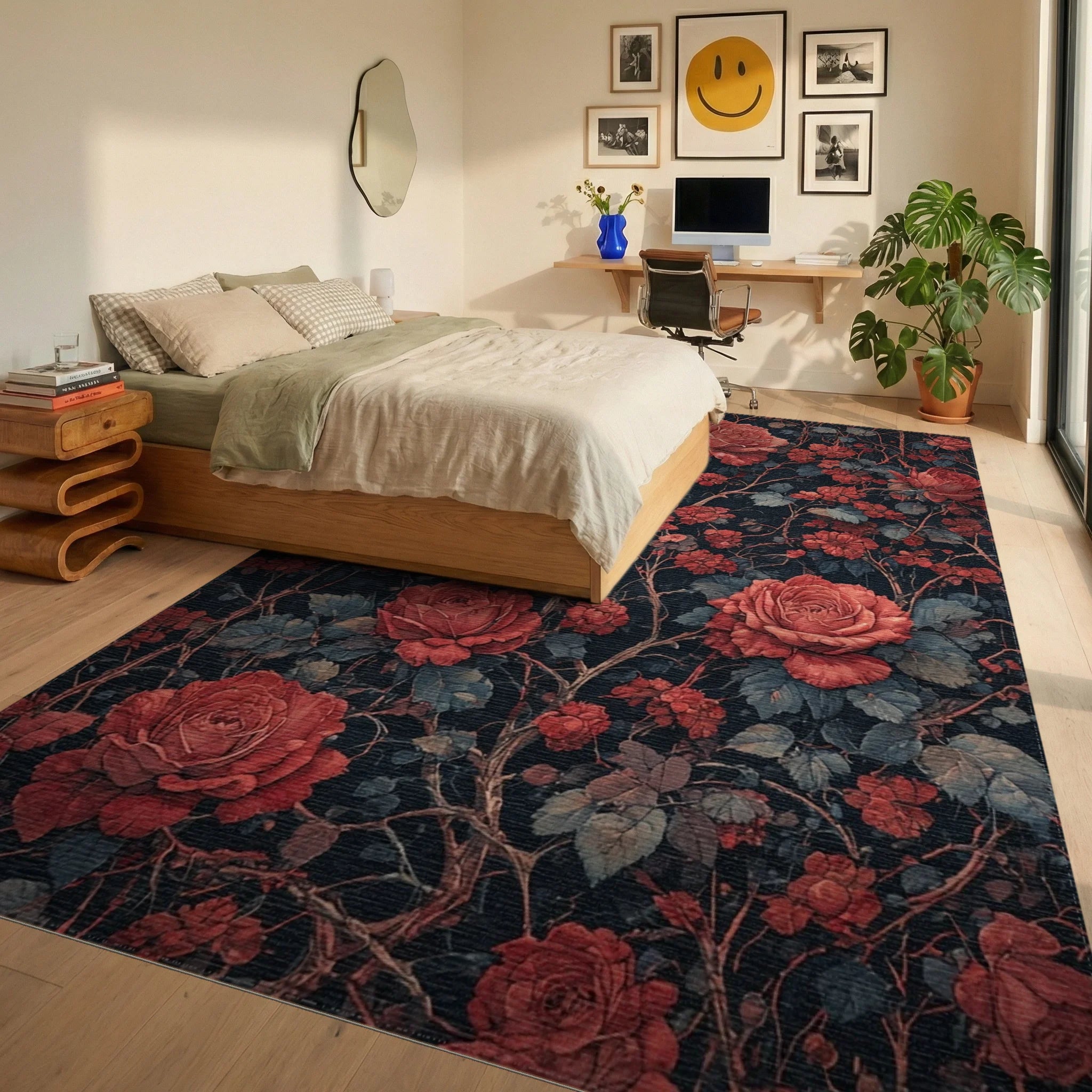 Dramatic Crimson Roses Dark Branches Rug Bedroom View