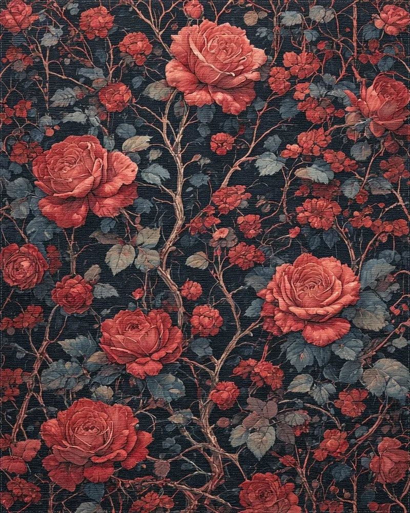 Dramatic Crimson Roses Dark Branches Rug - Cutout View