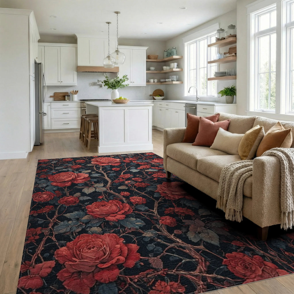 Dramatic Crimson Roses Dark Branches Rug Living Room View
