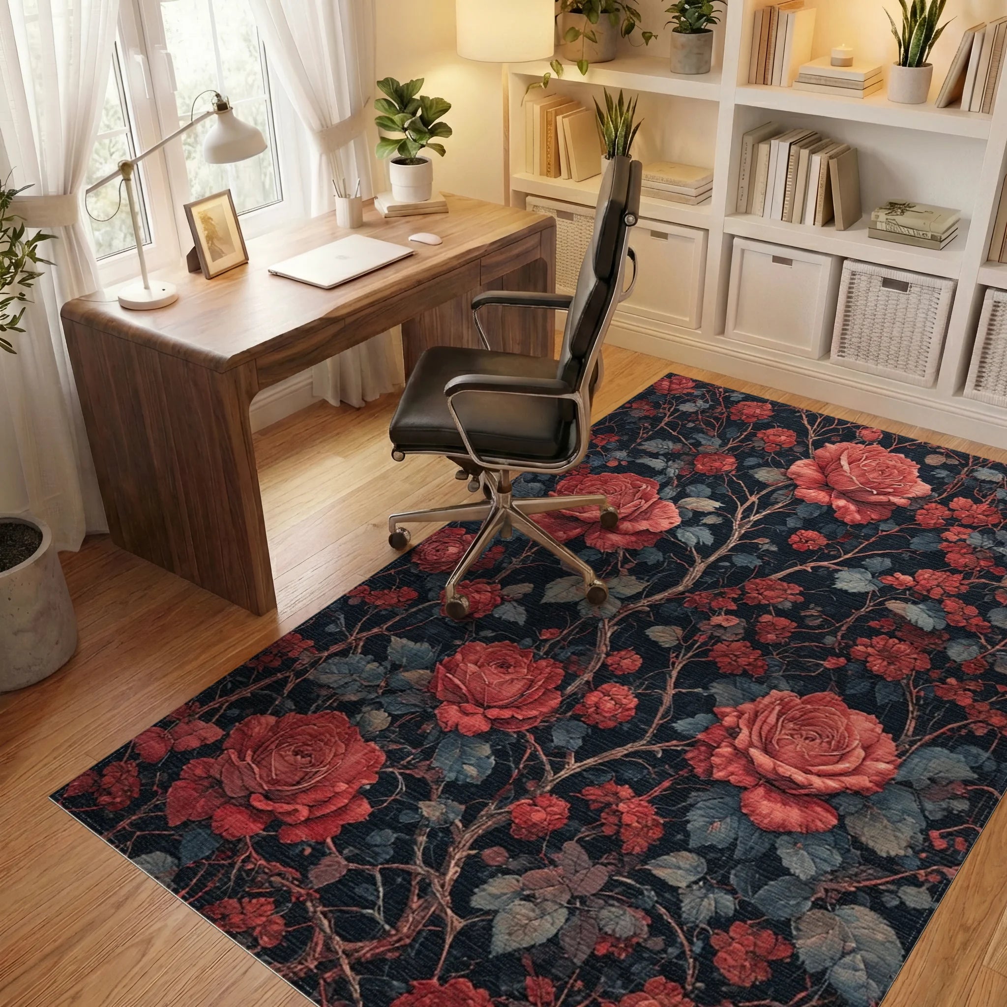 Dramatic Crimson Roses Dark Branches Rug Office View