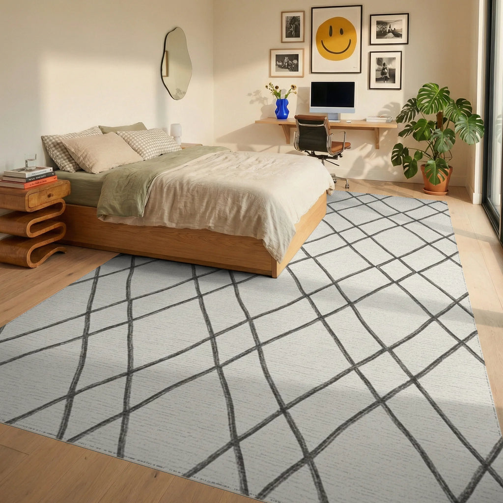 Drawn Gray Diamond Quilted Rug Bedroom View