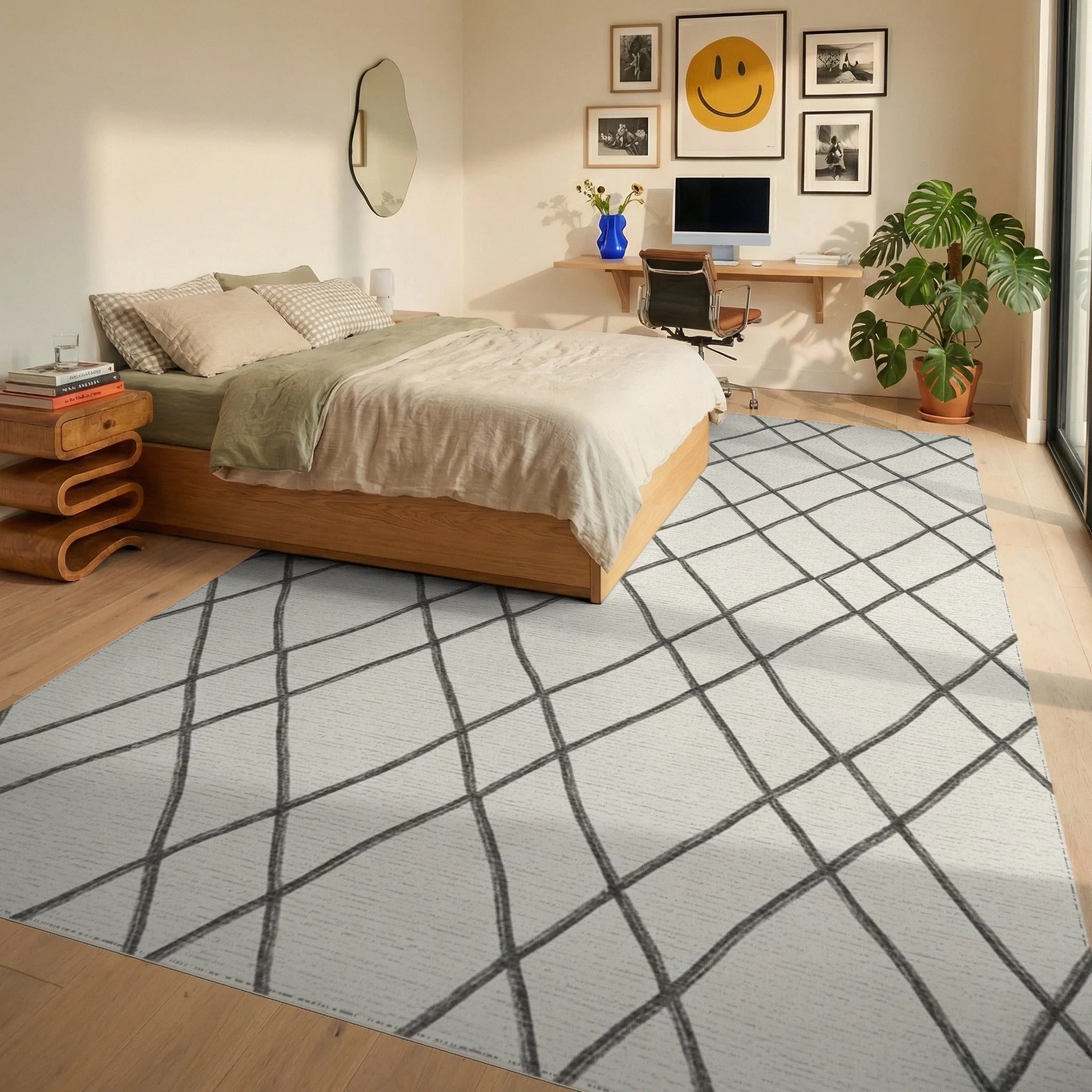 Drawn Gray Diamond Quilted Rug Bedroom View