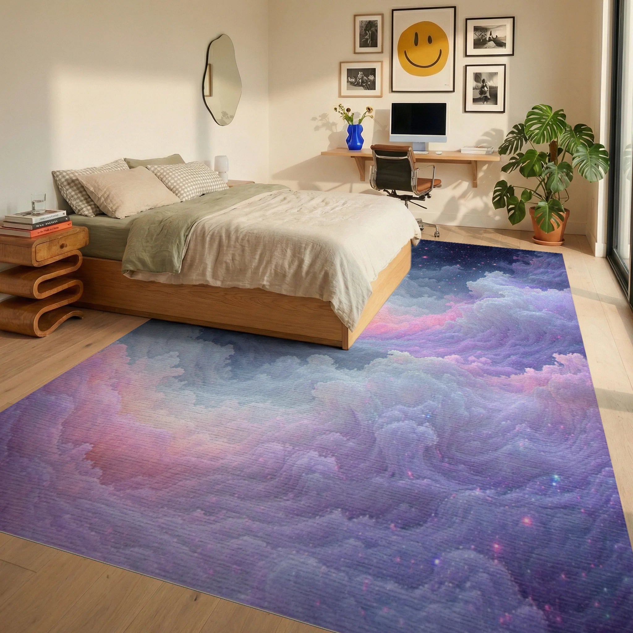 Dreamy Cloudscape Nebula Pattern Rug Bedroom View