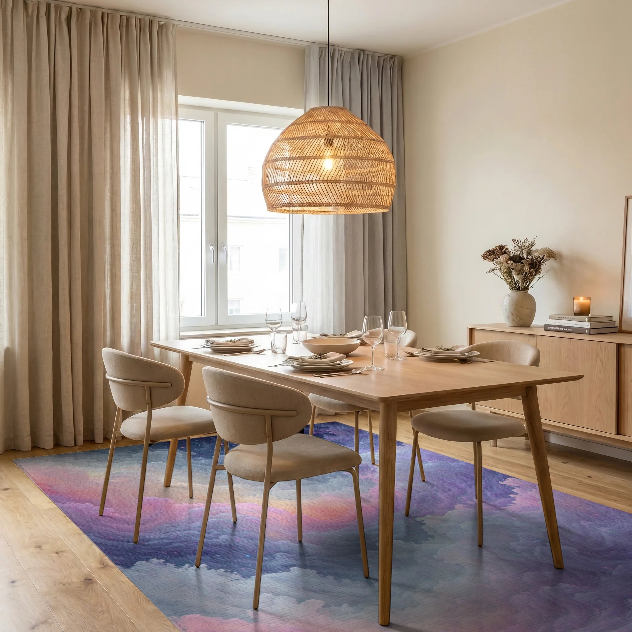 Dreamy Cloudscape Nebula Pattern Rug Dining Room View