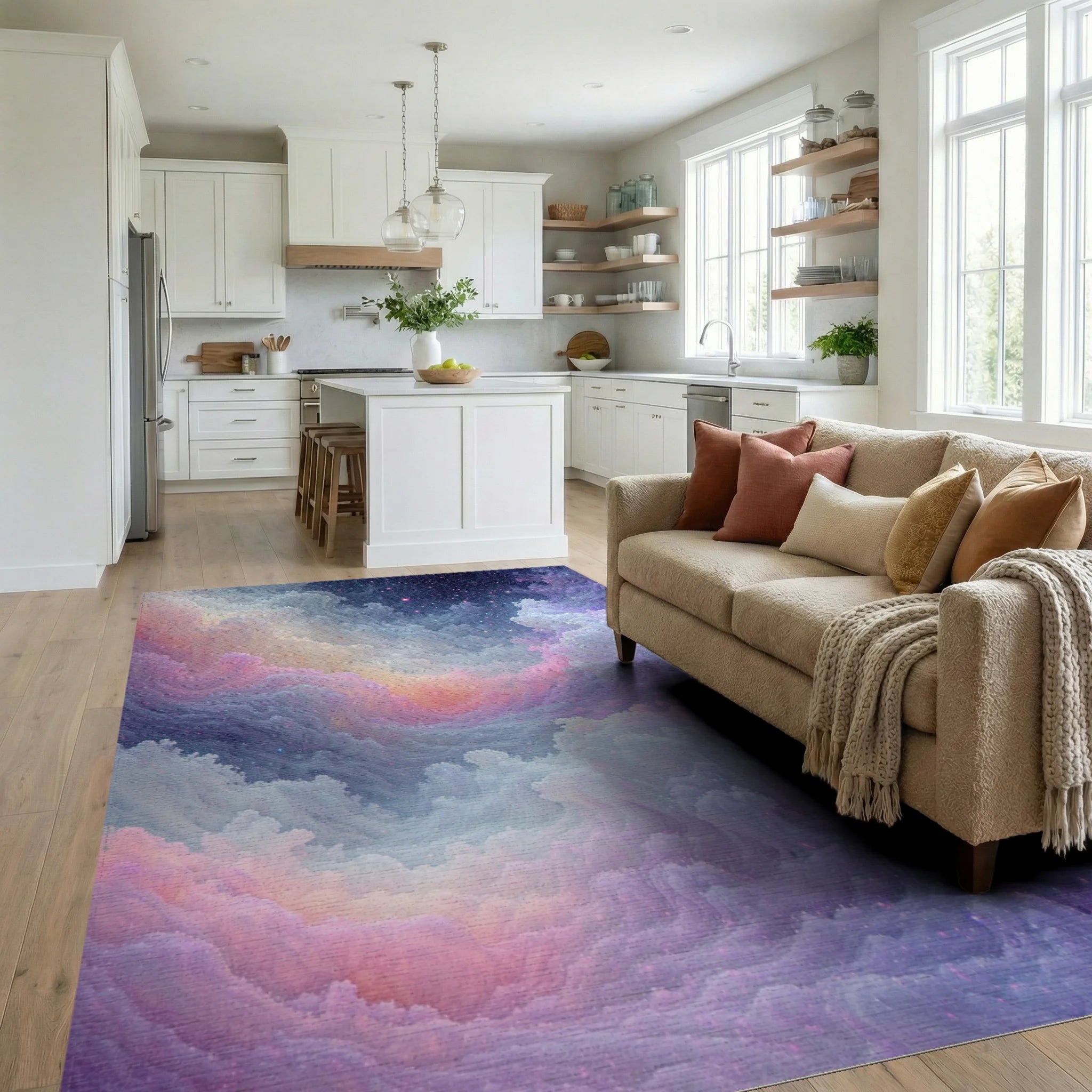 Dreamy Cloudscape Nebula Pattern Rug Living Room View