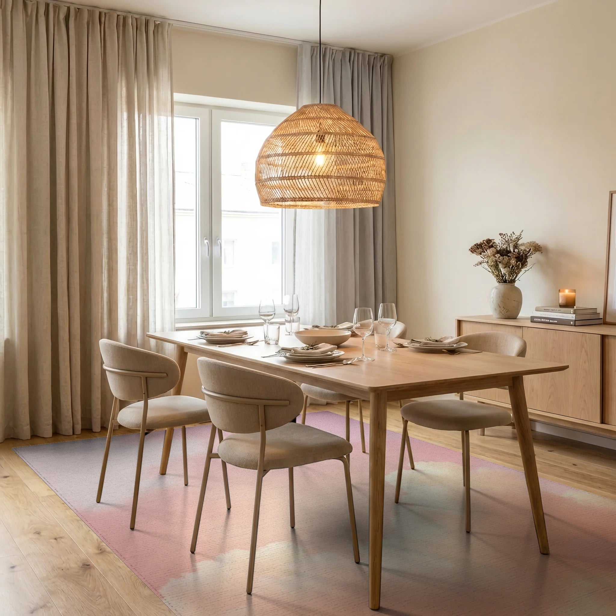 Dreamy Peach Cloudscape Sky Rug Dining Room View