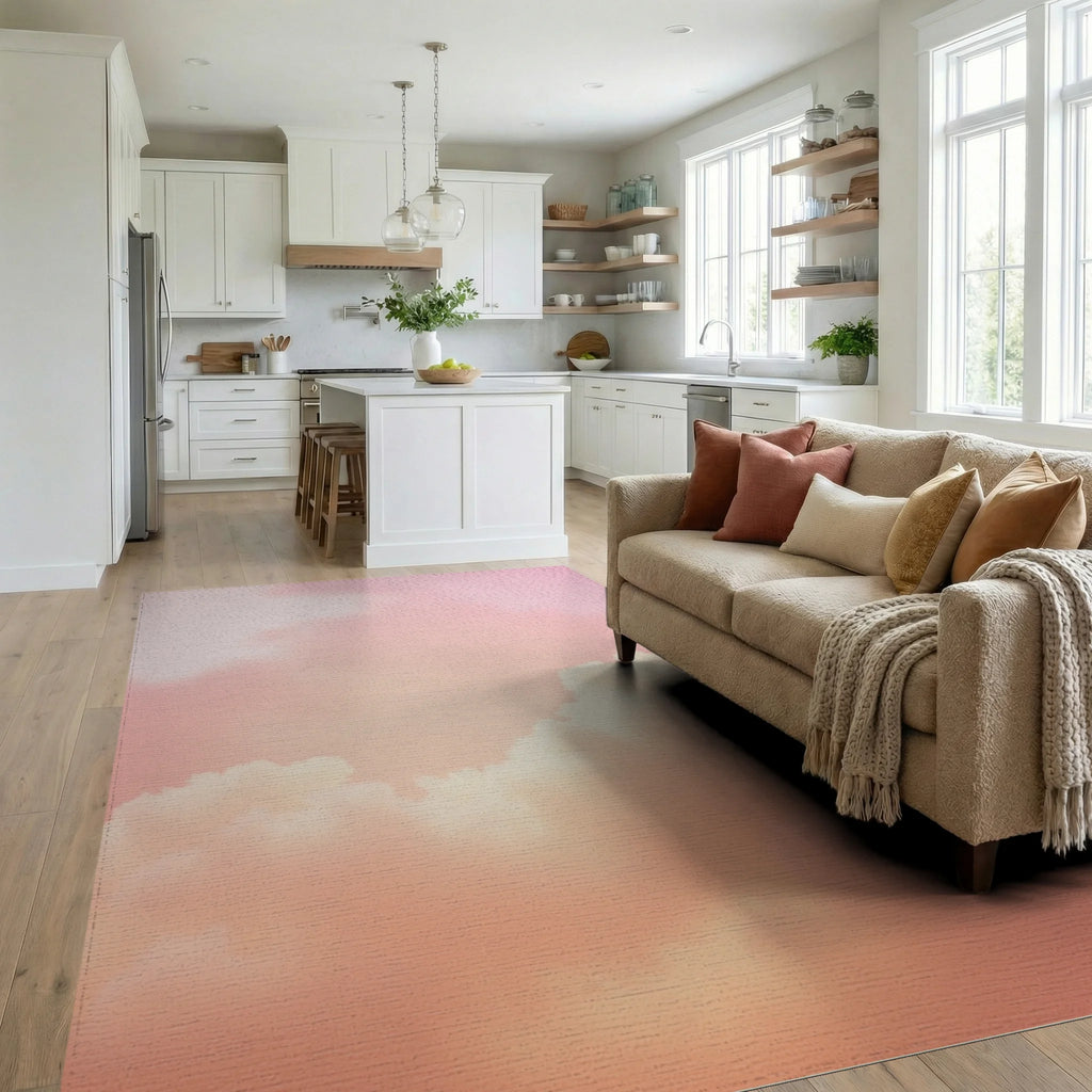 Dreamy Peach Cloudscape Sky Rug Living Room View