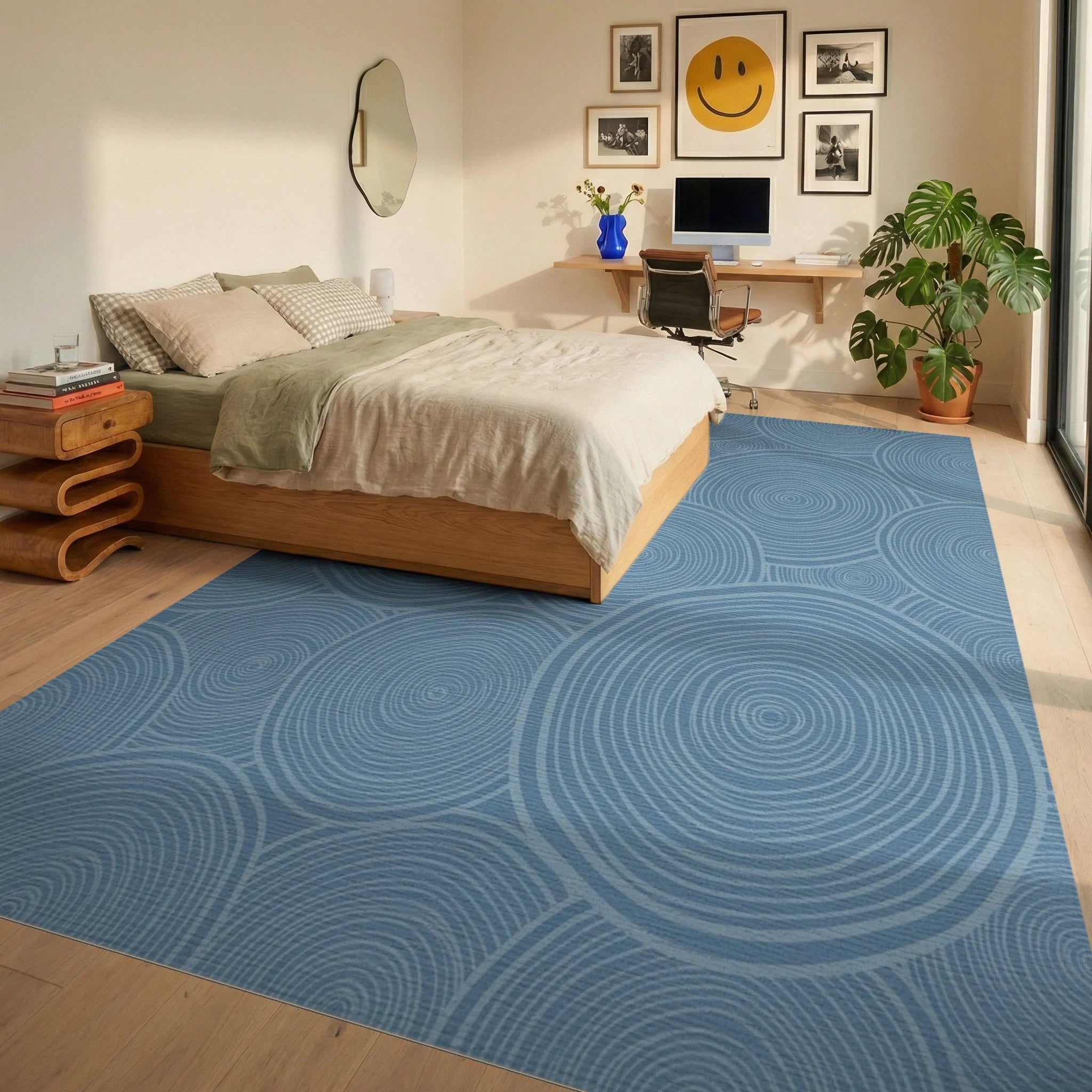 Dusty Blue Swirling Circles Rug Bedroom View
