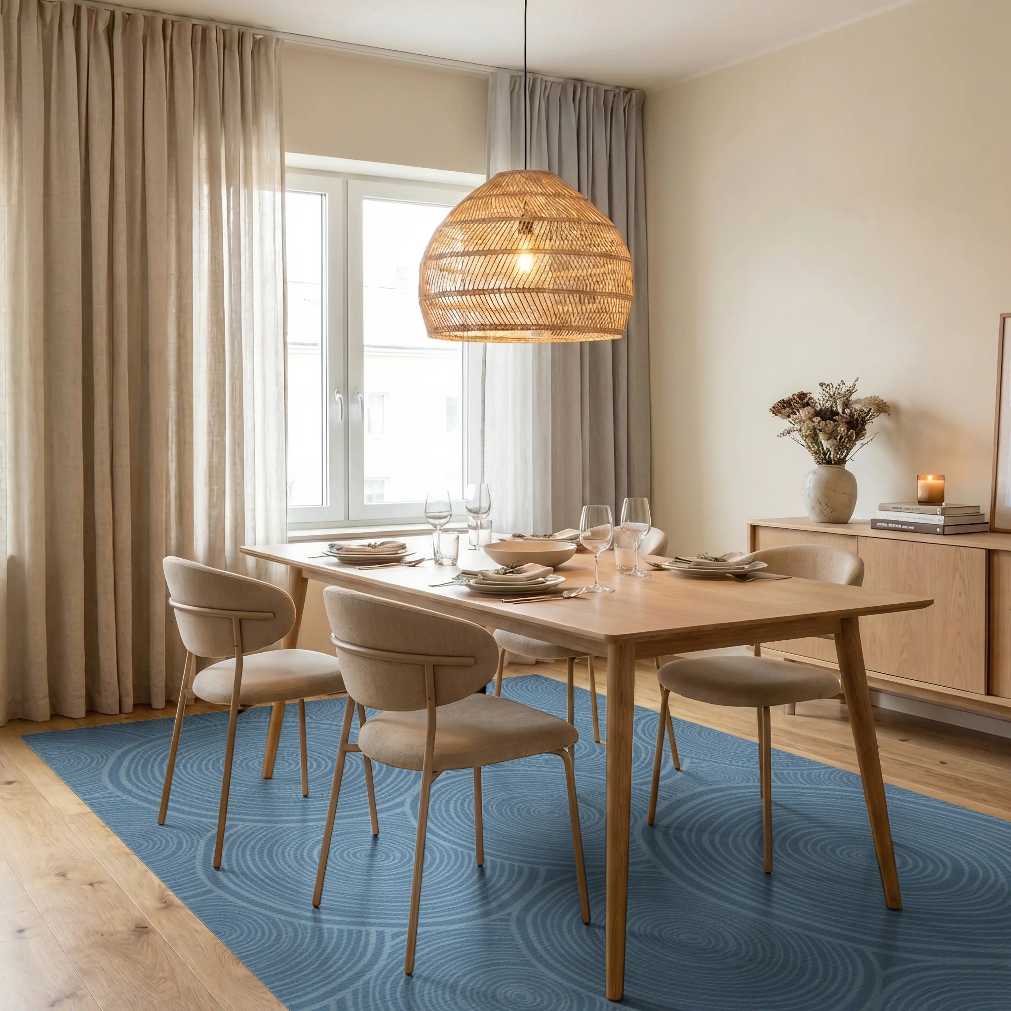 Dusty Blue Swirling Circles Rug Dining Room View