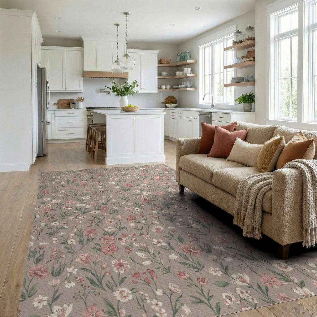 Dusty Rose Charming Wildflower Meadow Rug Living Room View