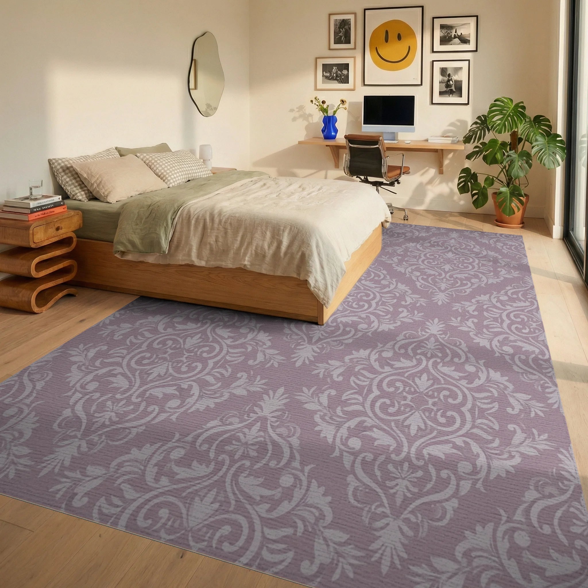 Dusty Rose Damask Scroll Rug Bedroom View