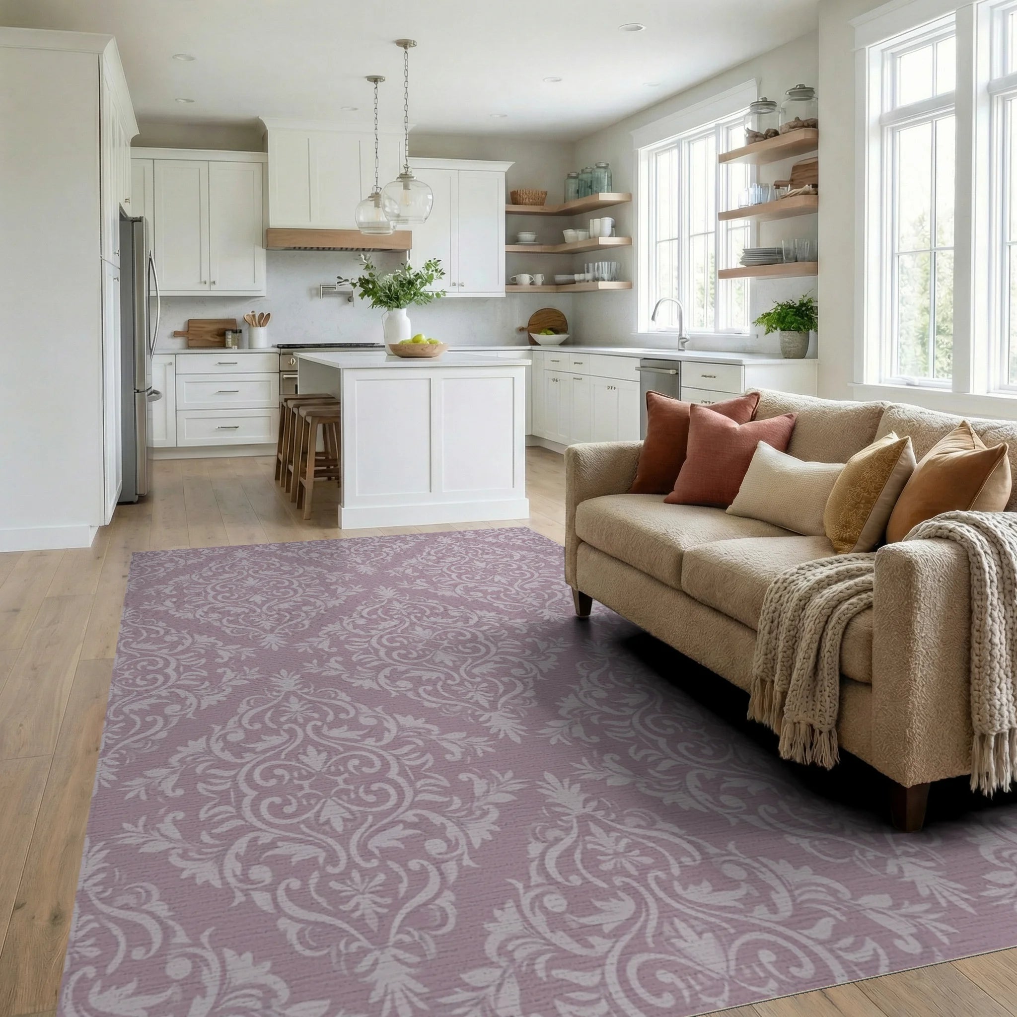 Dusty Rose Damask Scroll Rug Living Room View
