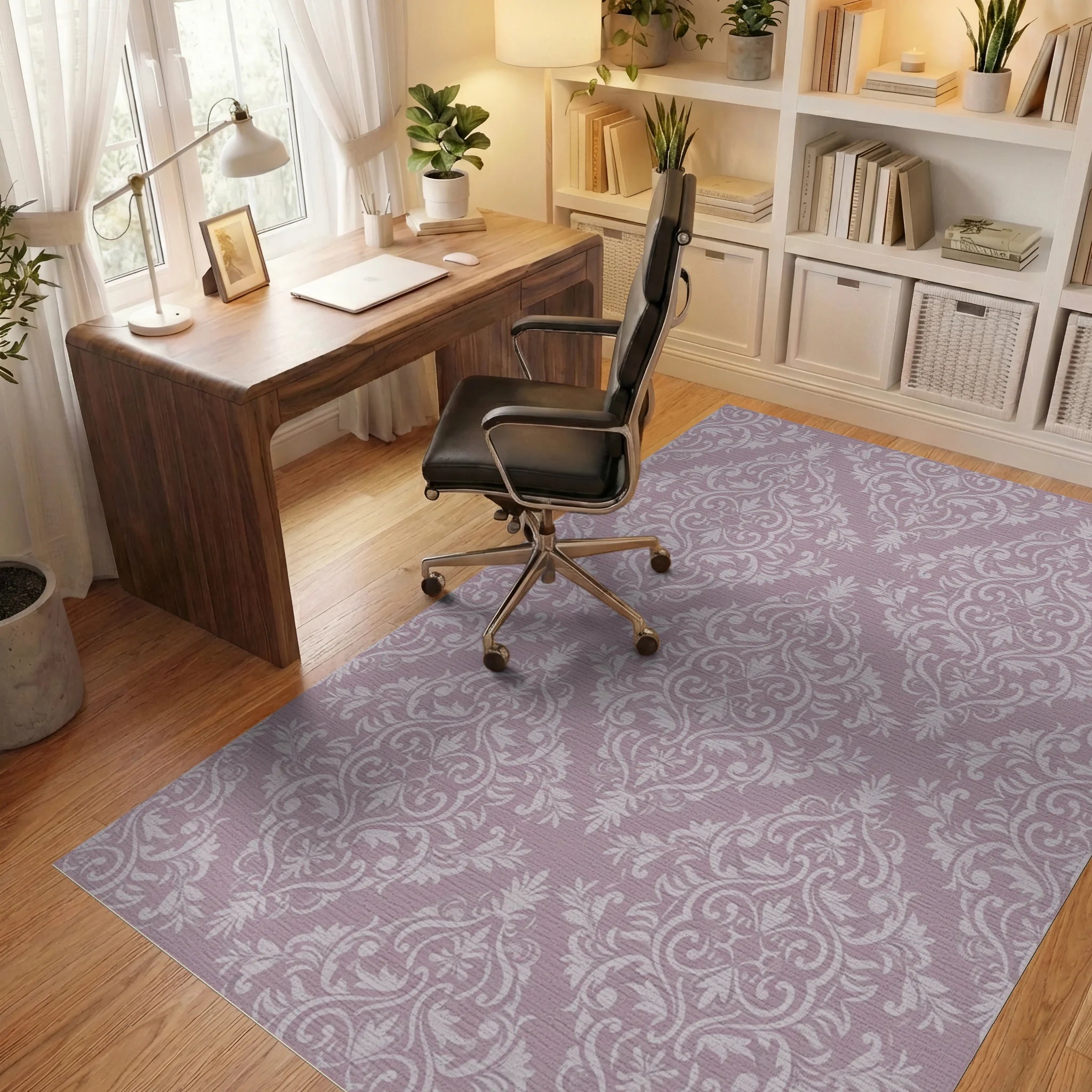 Dusty Rose Damask Scroll Rug Office View