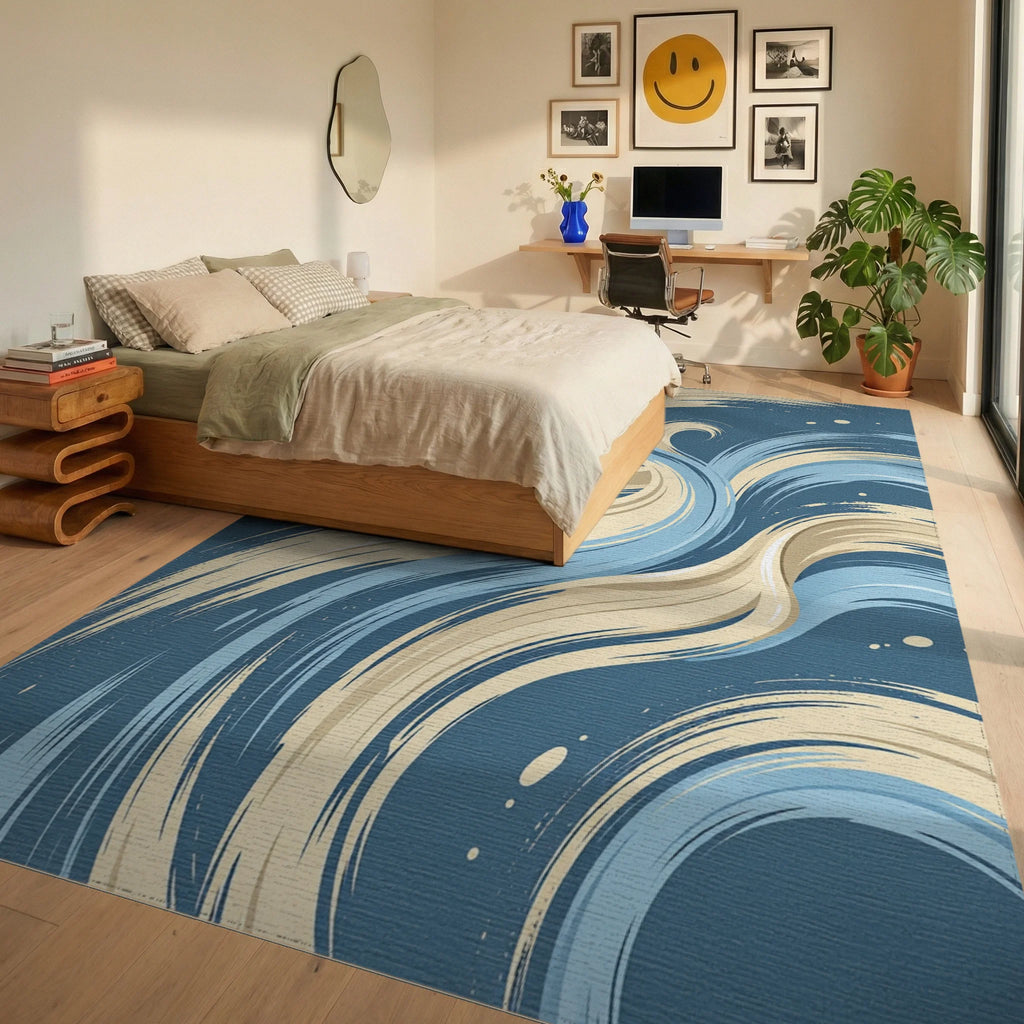 Dynamic Blue And Cream Swirl Abstract Rug Bedroom View