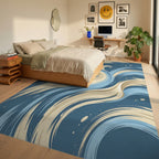 Dynamic Blue And Cream Swirl Abstract Rug Bedroom View