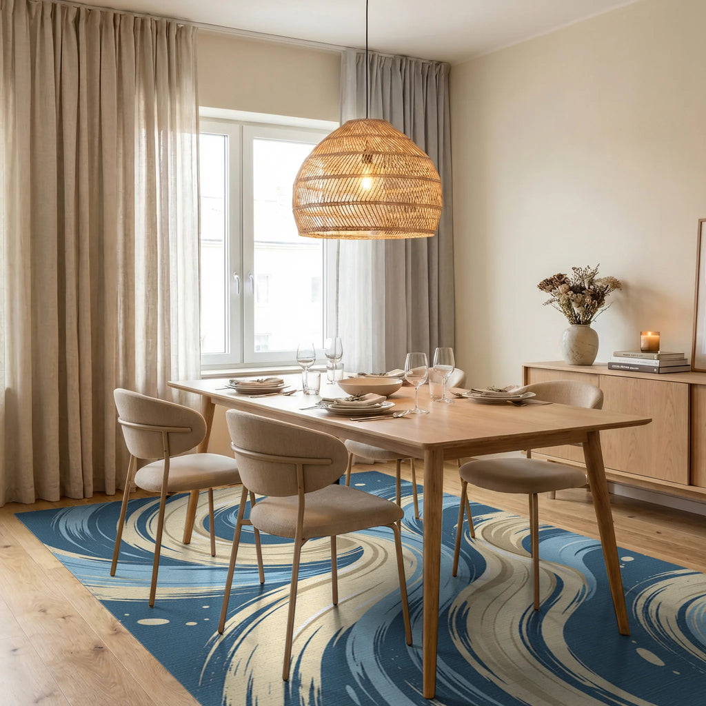 Dynamic Blue And Cream Swirl Abstract Rug Dining Room View