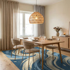 Dynamic Blue And Cream Swirl Abstract Rug Dining Room View