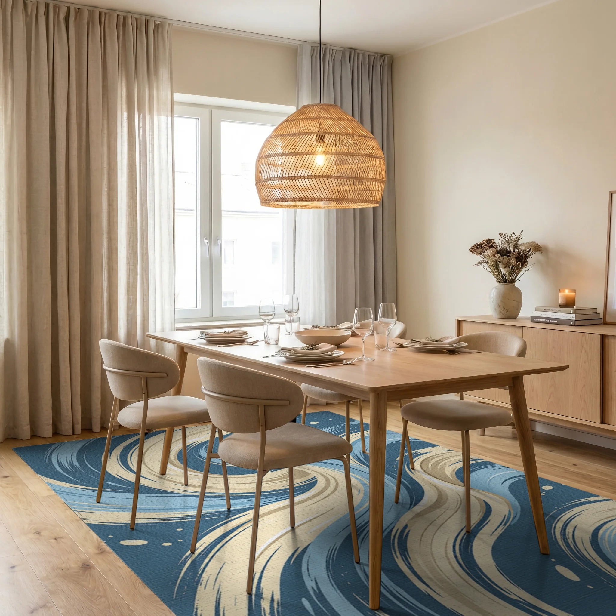 Dynamic Blue And Cream Swirl Abstract Rug Dining Room View