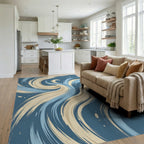 Dynamic Blue And Cream Swirl Abstract Rug Living Room View