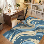 Dynamic Blue And Cream Swirl Abstract Rug Office View