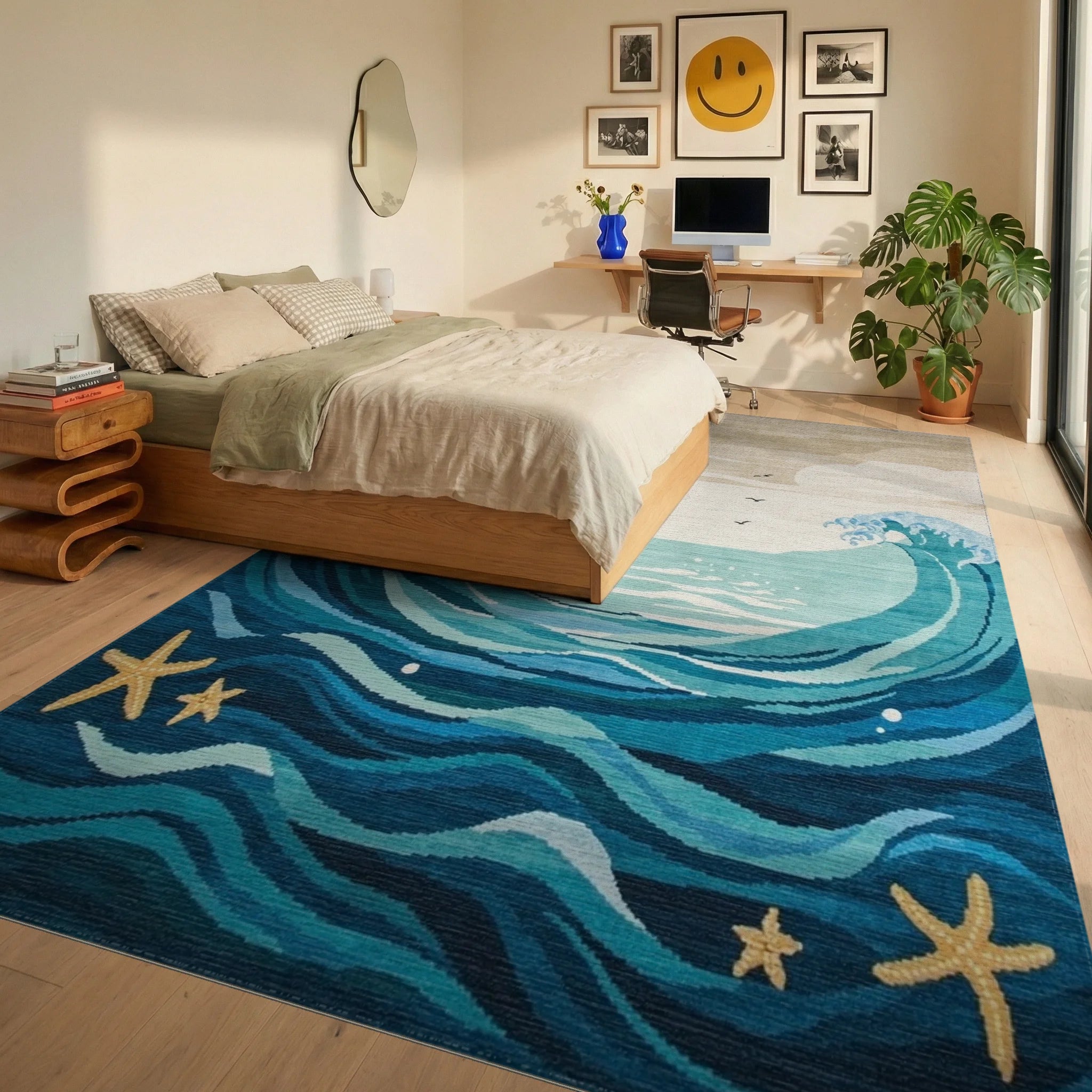 Dynamic Blue Ocean Waves Starfish Rug - Bedroom View