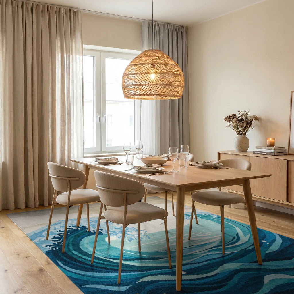 Dynamic Blue Ocean Waves Starfish Rug - Dining Room View
