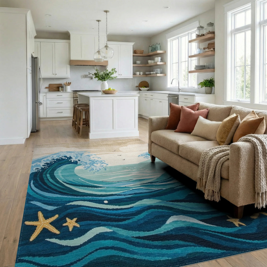 Dynamic Blue Ocean Waves Starfish Rug - Living Room View