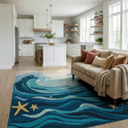 Dynamic Blue Ocean Waves Starfish Rug - Living Room View