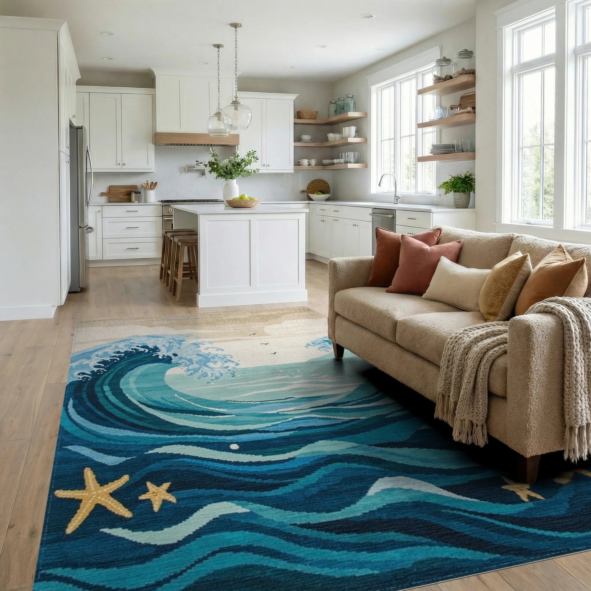 Dynamic Blue Ocean Waves Starfish Rug - Living Room View