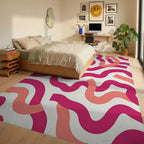 Dynamic Pink Coral Wavy Stripe Pattern Rug Bedroom View