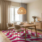 Dynamic Pink Coral Wavy Stripe Pattern Rug Dining Room View