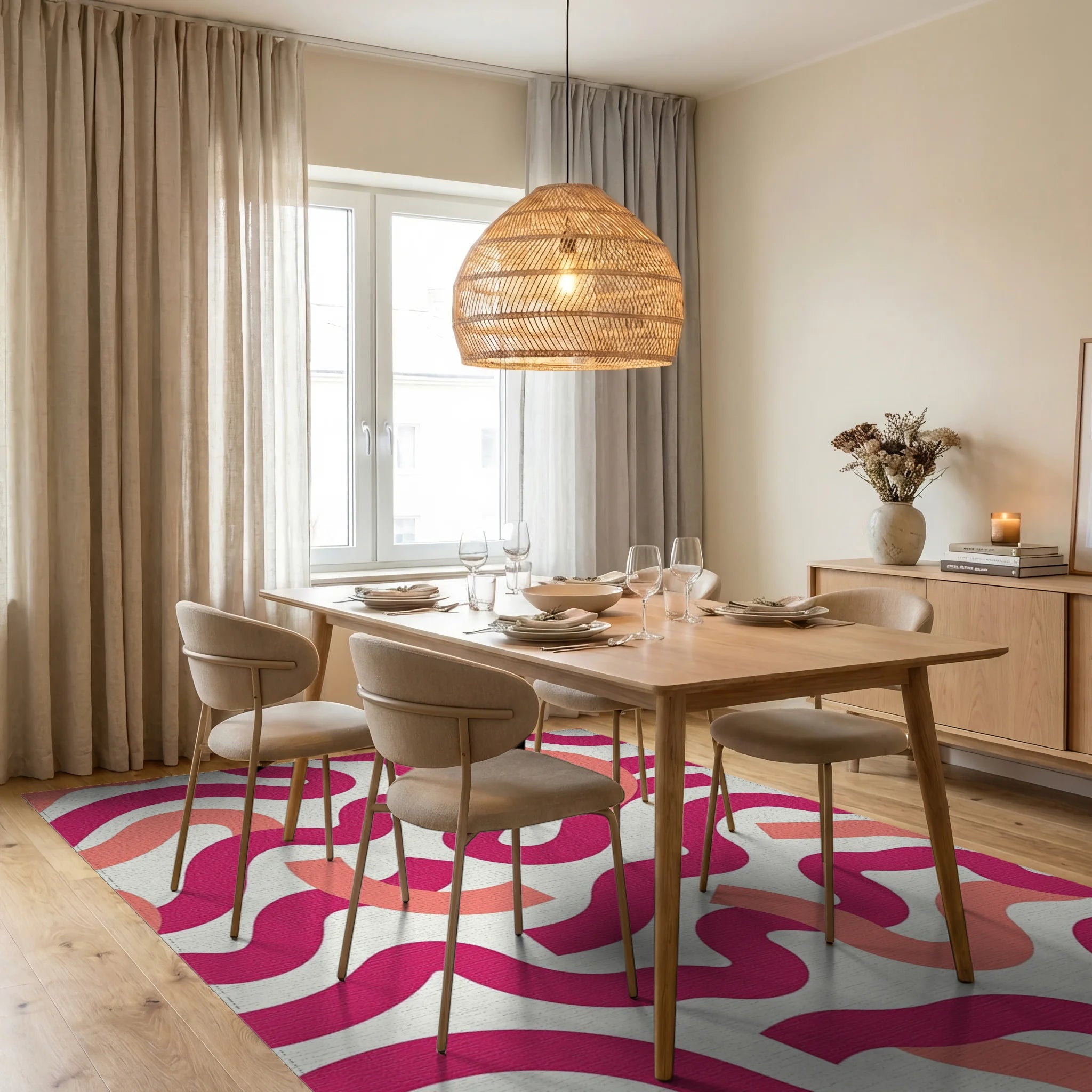 Dynamic Pink Coral Wavy Stripe Pattern Rug Dining Room View