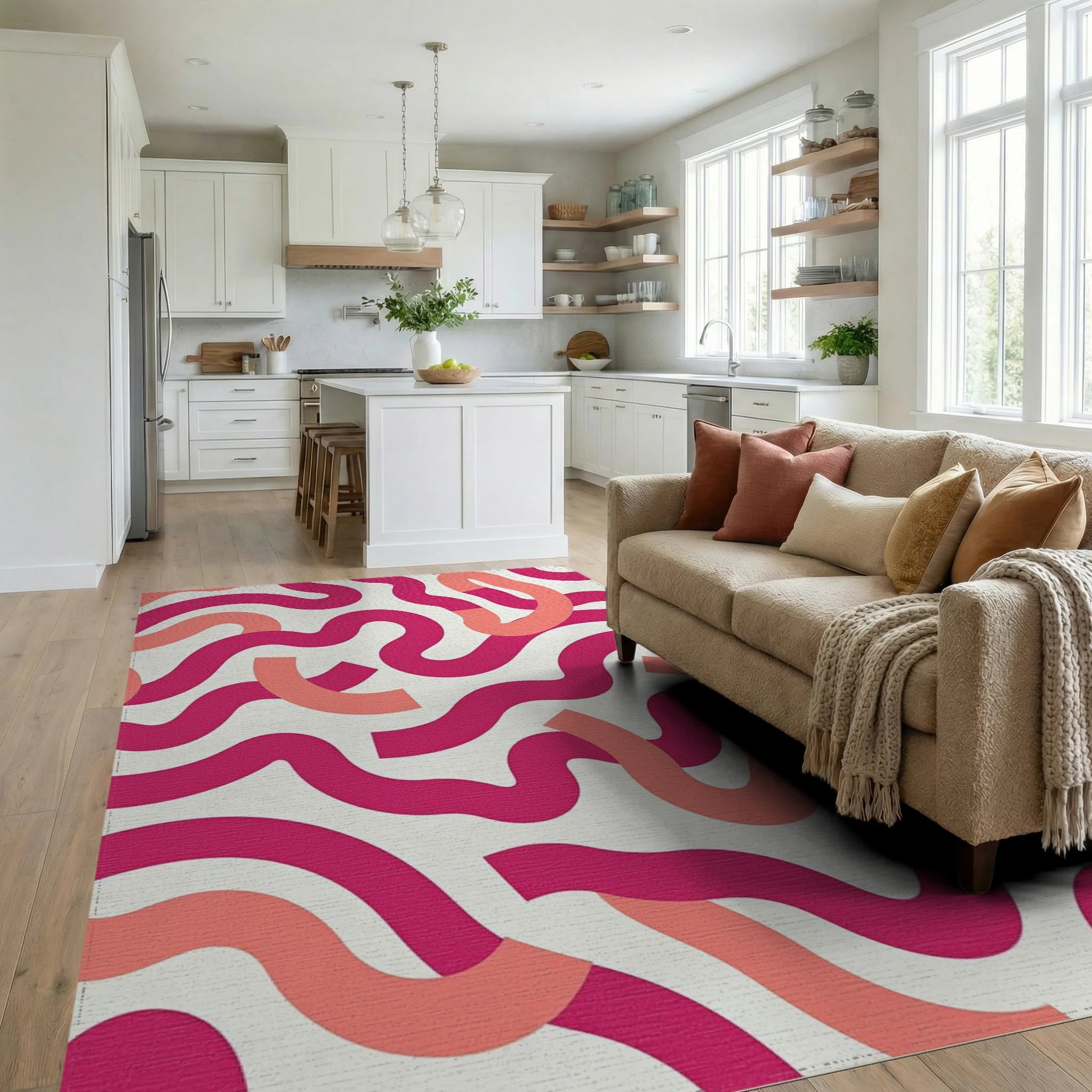 Dynamic Pink Coral Wavy Stripe Pattern Rug Living Room View