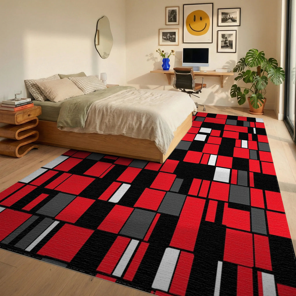 Dynamic Red Black White Geometric Pattern Rug Bedroom View