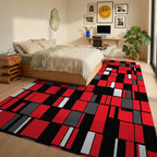 Dynamic Red Black White Geometric Pattern Rug Bedroom View