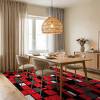 Dynamic Red Black White Geometric Pattern Rug Dining Room View