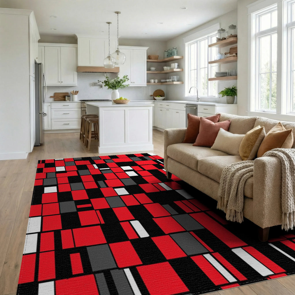 Dynamic Red Black White Geometric Pattern Rug Living Room View