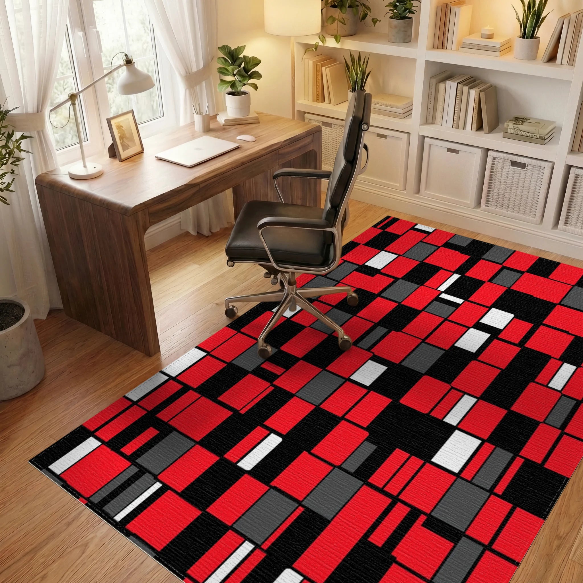 Dynamic Red Black White Geometric Pattern Rug Office View