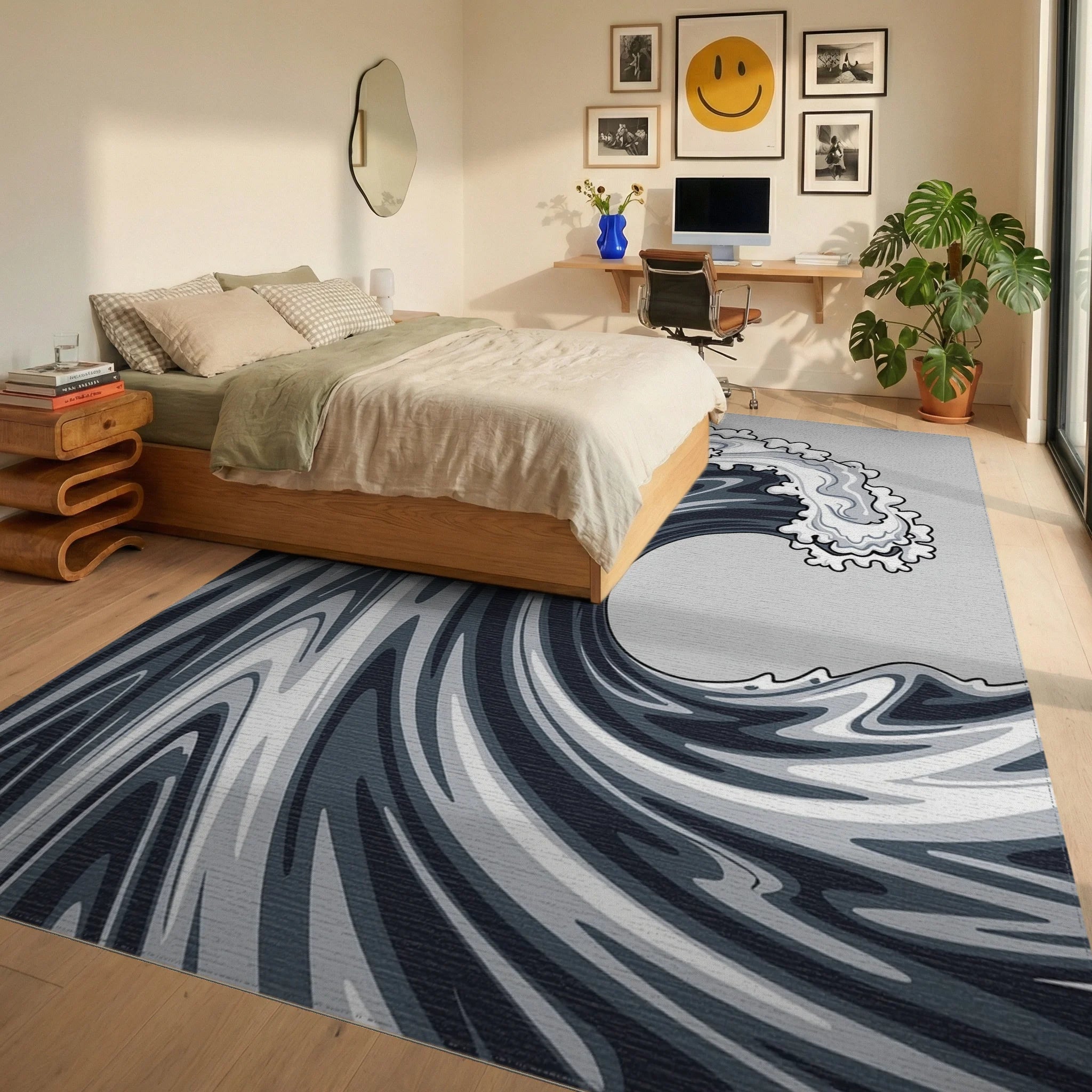 Dynamic Swirling Monochrome Wave Design Rug - Bedroom View
