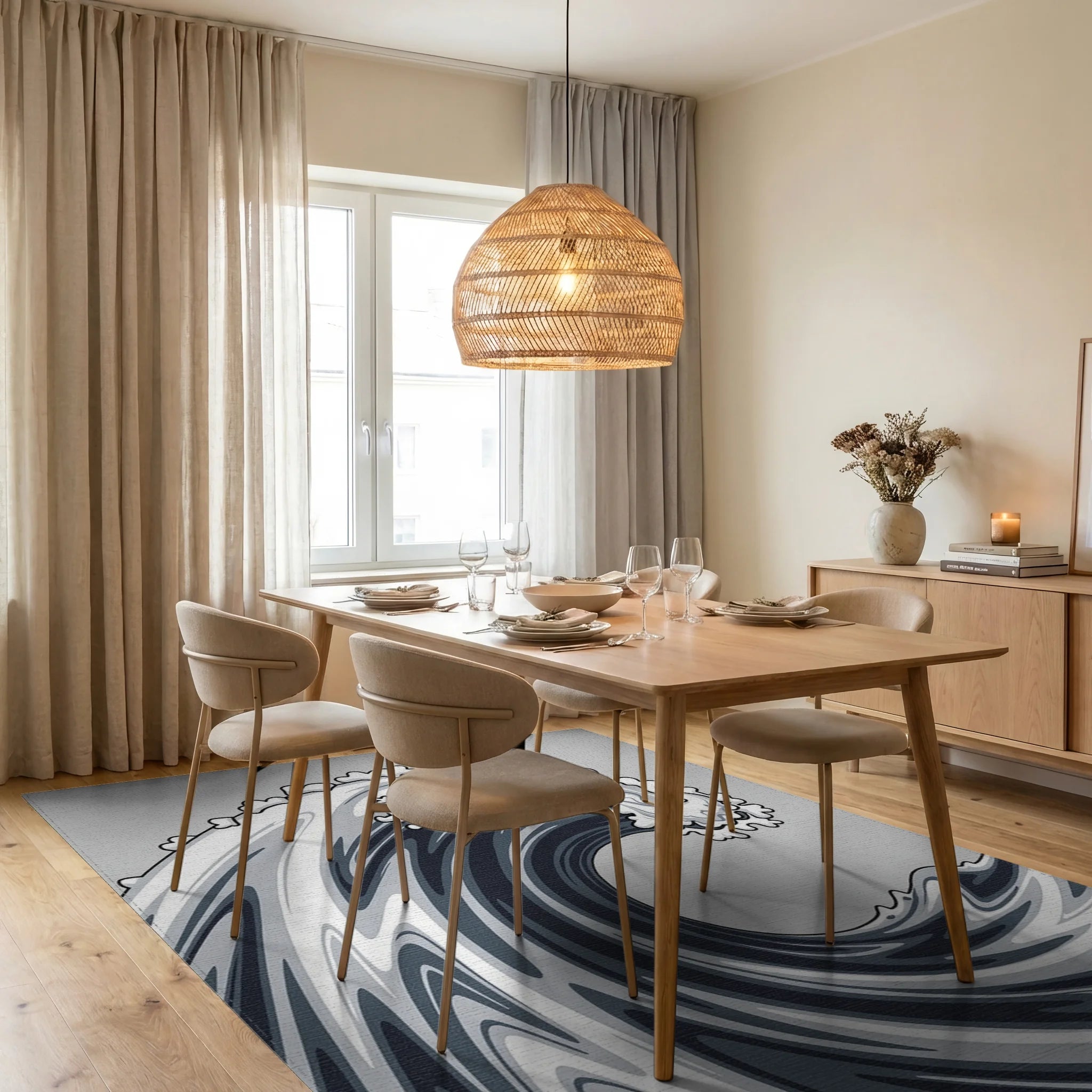 Dynamic Swirling Monochrome Wave Design Rug - Dining Room View