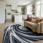 Dynamic Swirling Monochrome Wave Design Rug - Living Room View