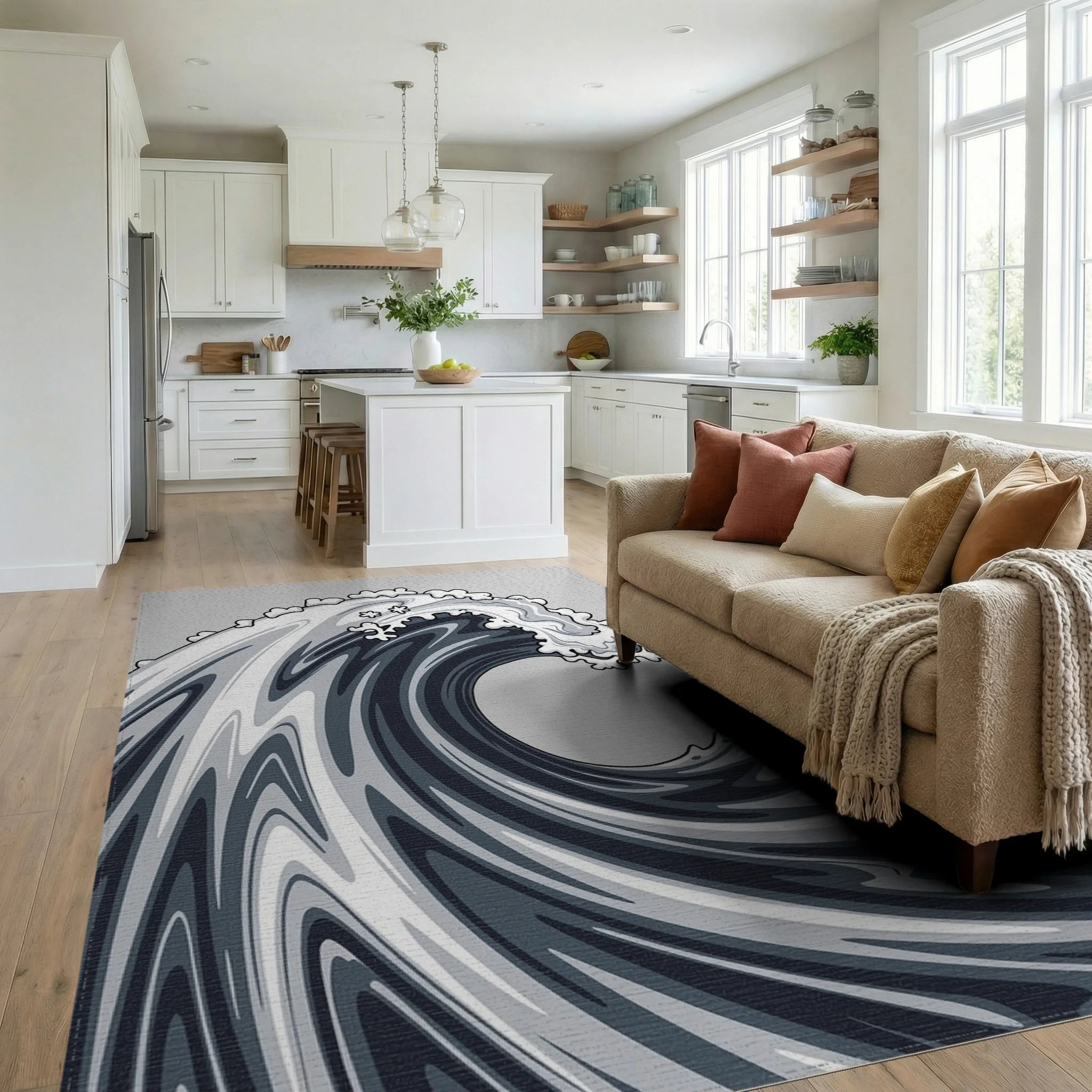 Dynamic Swirling Monochrome Wave Design Rug - Living Room View