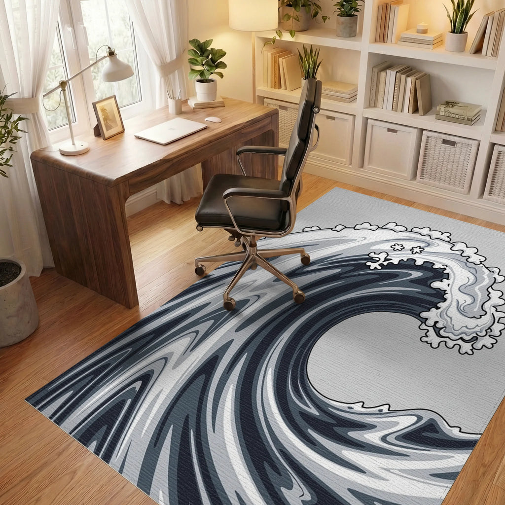 Dynamic Swirling Monochrome Wave Design Rug - Office View