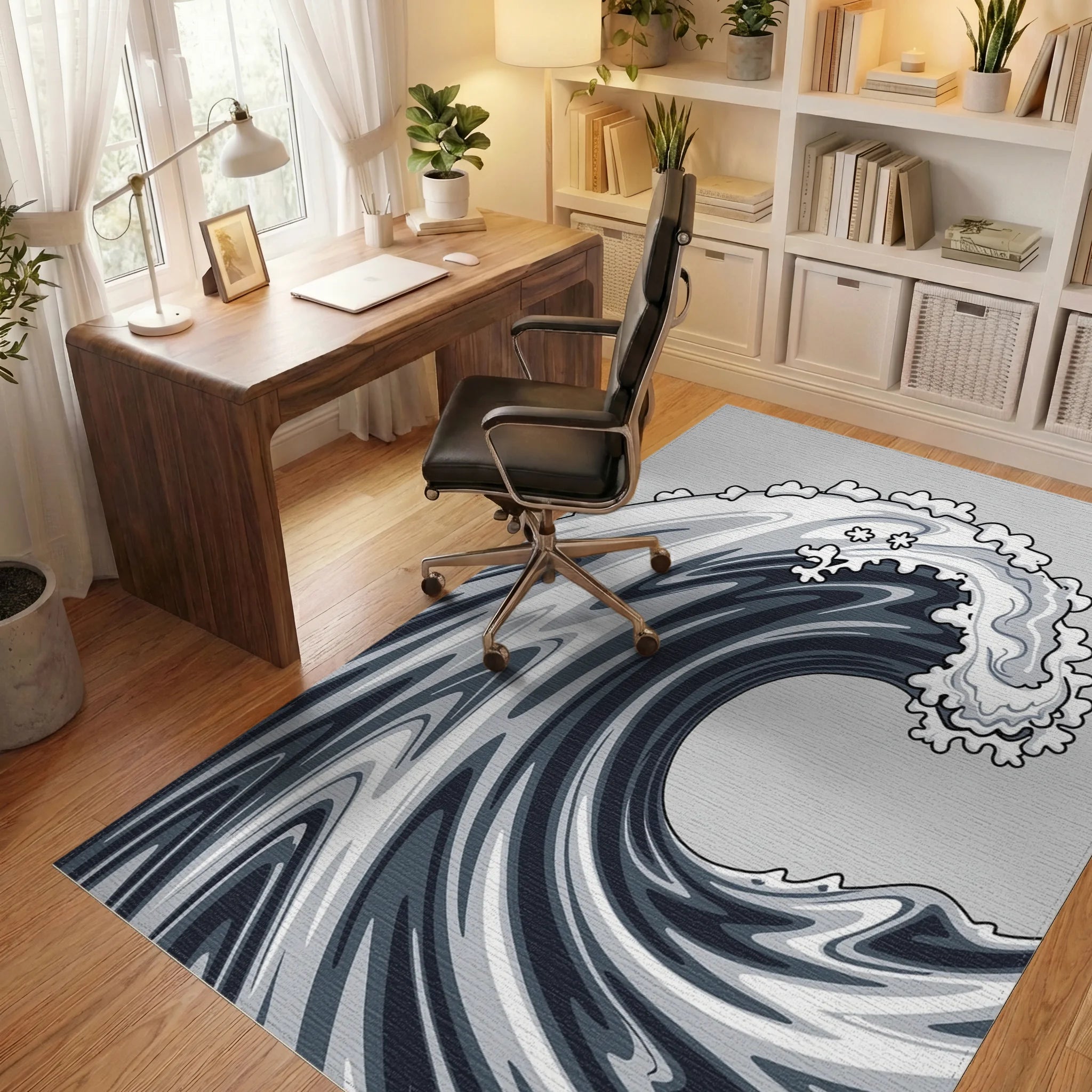 Dynamic Swirling Monochrome Wave Design Rug - Office View