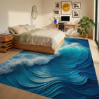 Dynamic Turquoise Crashing Waves Rug - Bedroom View