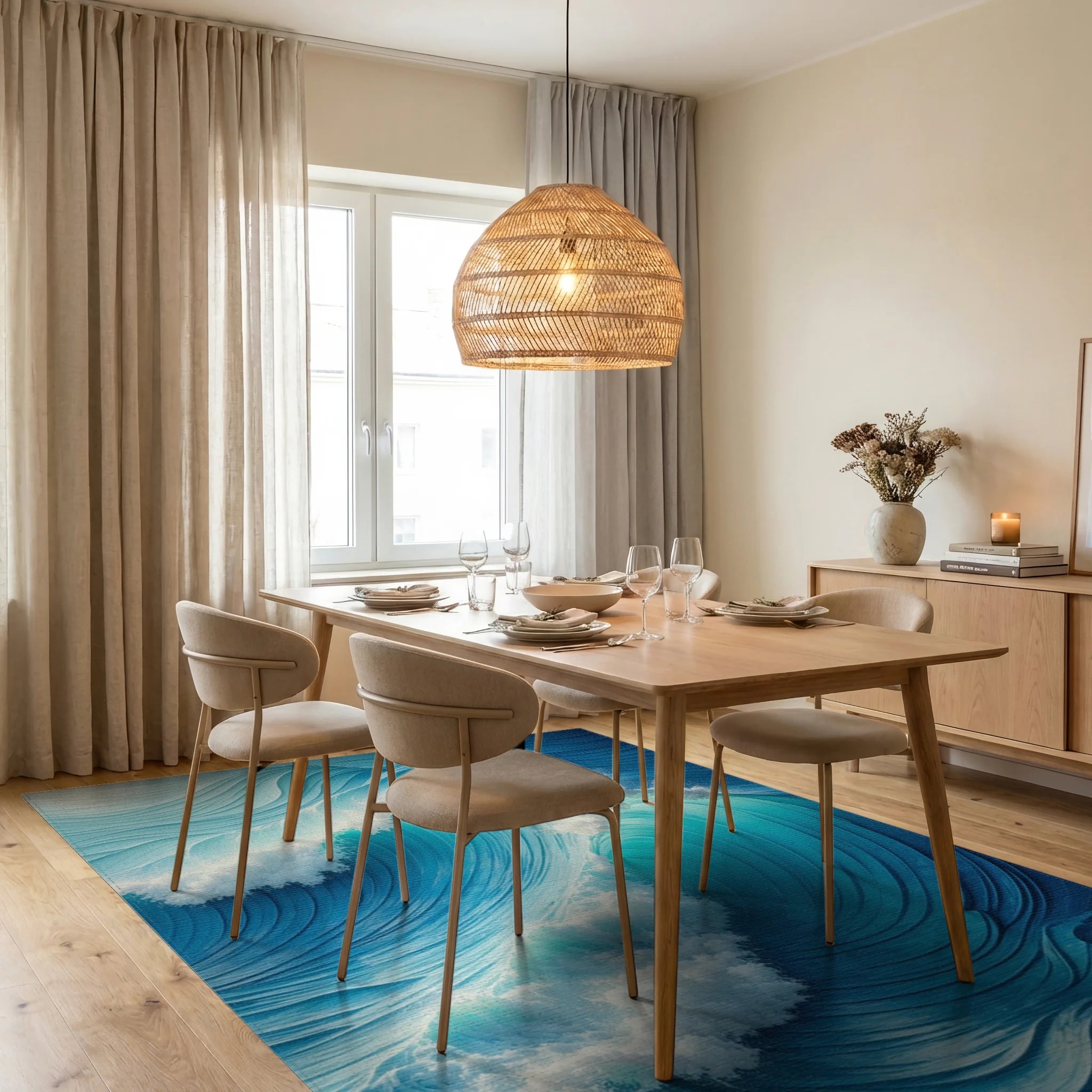 Dynamic Turquoise Crashing Waves Rug - Dining Room View