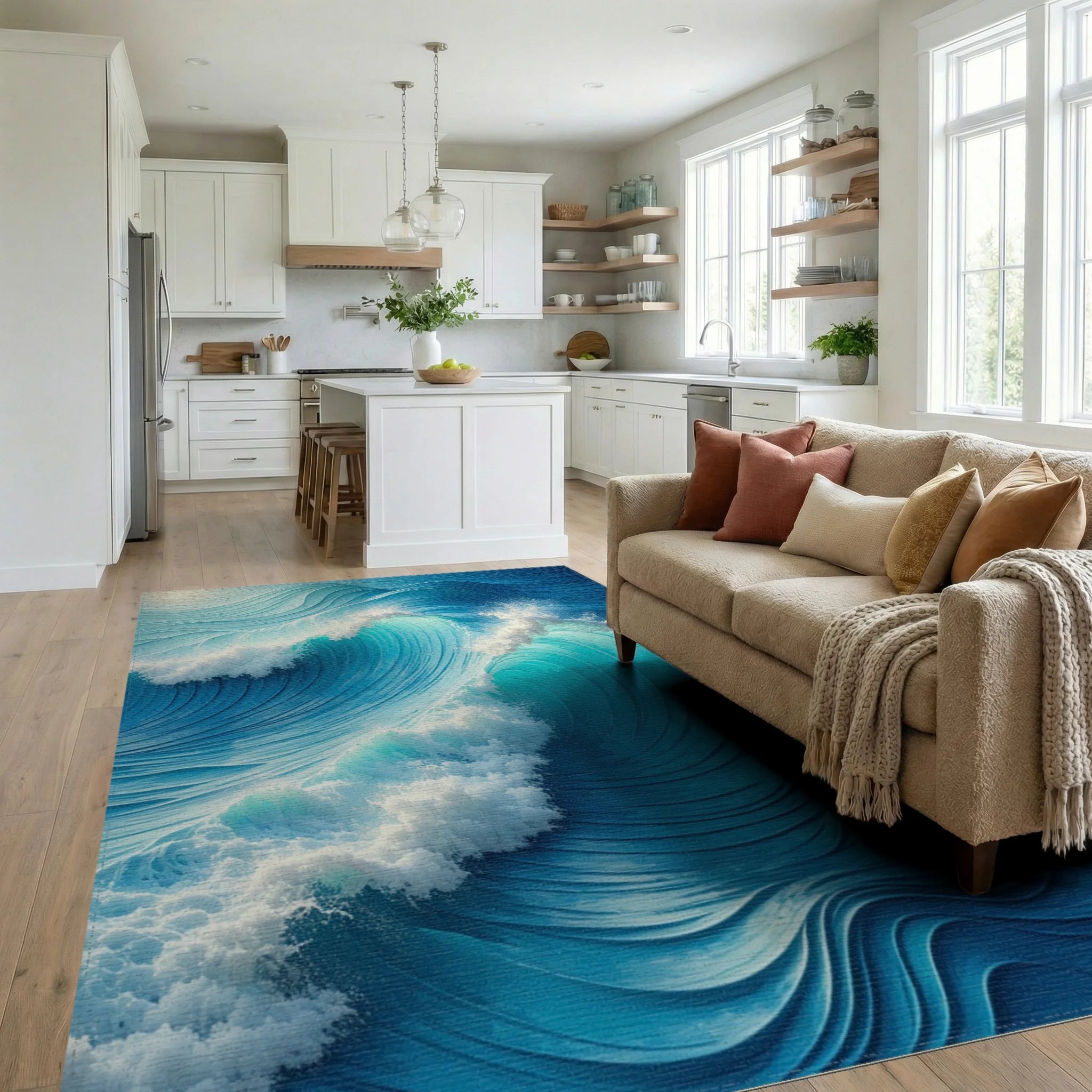Dynamic Turquoise Crashing Waves Rug - Living Room View