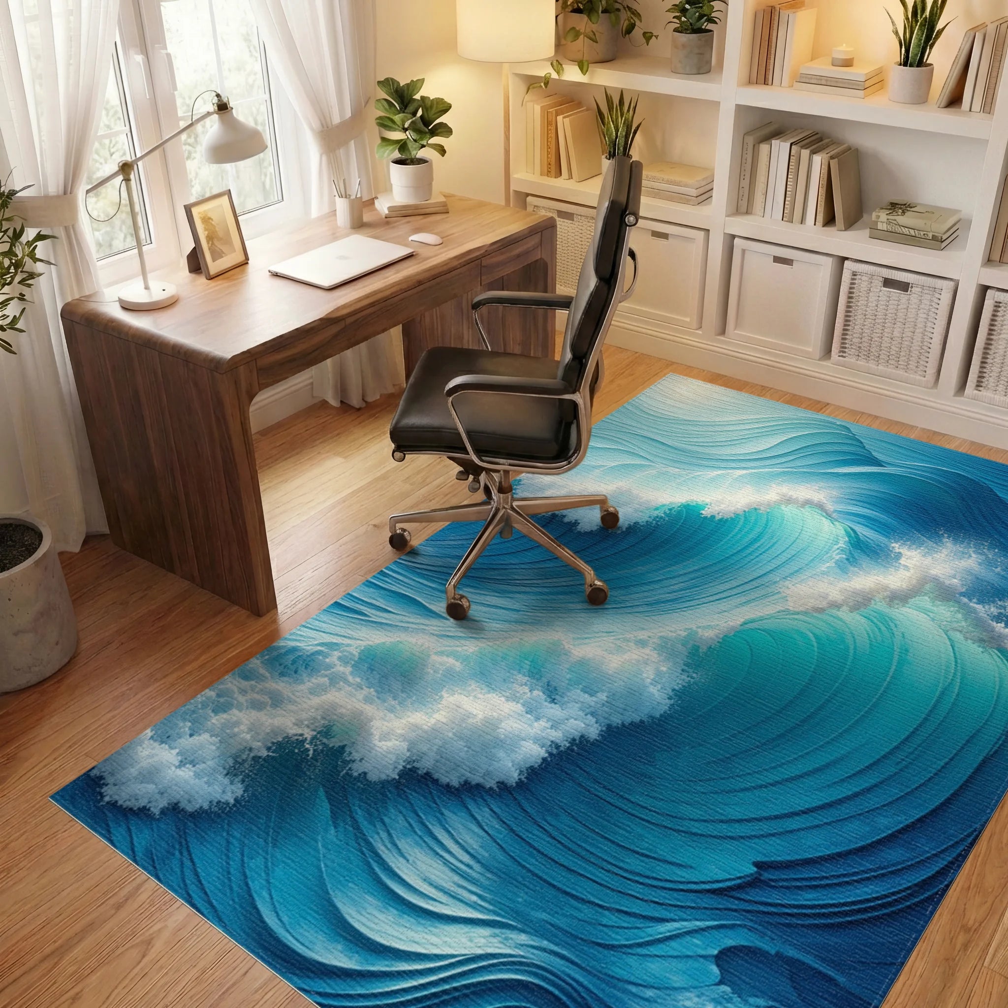 Dynamic Turquoise Crashing Waves Rug - Office View